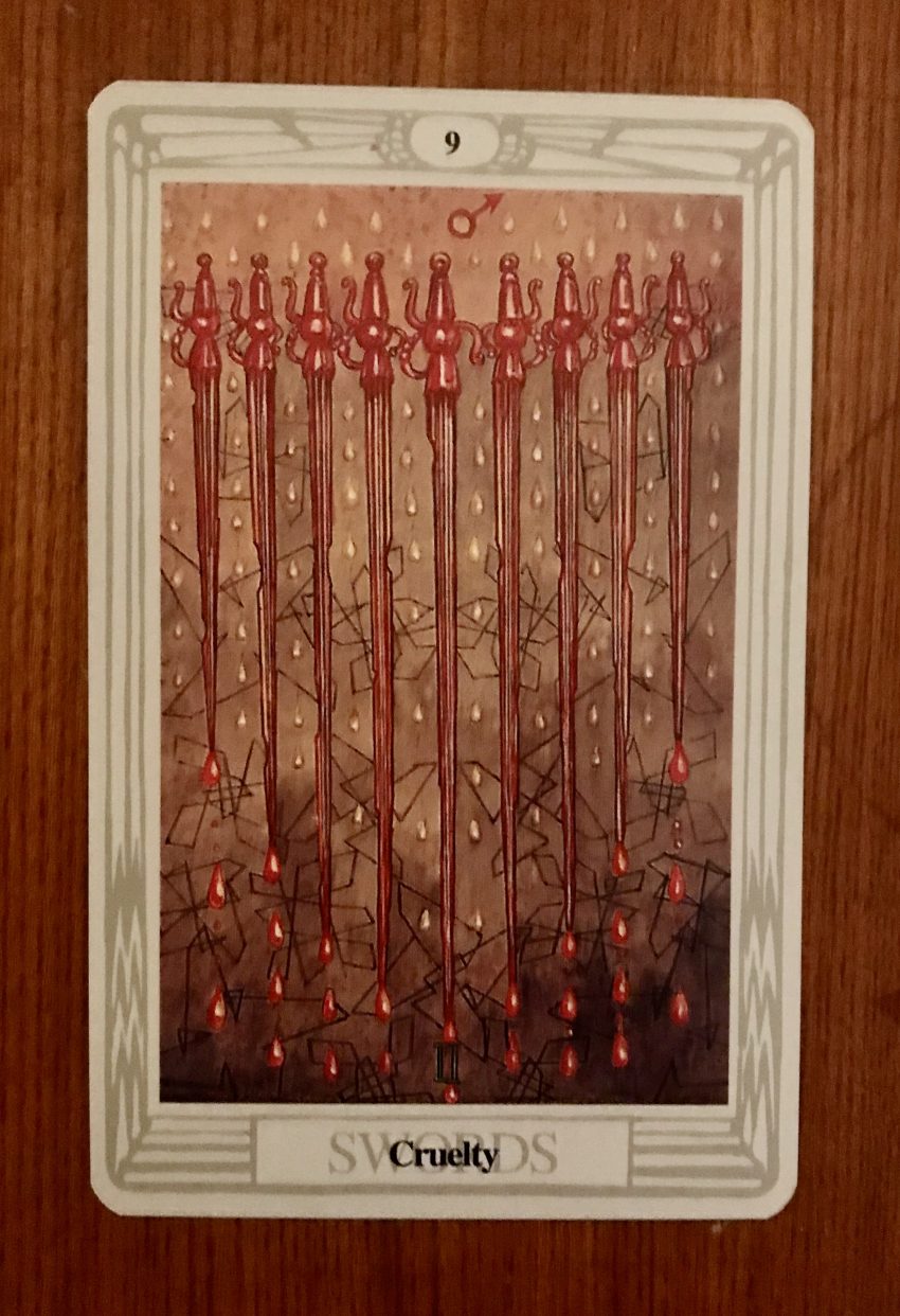 nine of swords, thoth tarot, tarot cards, dreams, cruelty, bound by cruelty, s. conde, idols of the tribe, the red speck