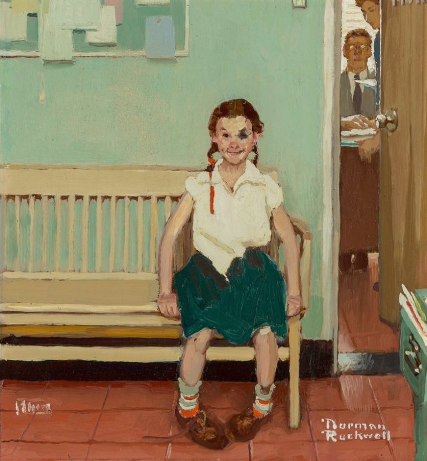 norman rockwell, the young lady with the shiner, american heritage auctions, painting, poetry, american art, idols of the tribe, happy birthday to me
